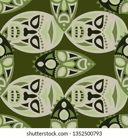 Seamless Pattern. Abstract Seamless Background with Ritual Masks for Textile or Paper. Ethnic Seamless Background with Color Trible Ritual Masks for your Design. Vector Texture.