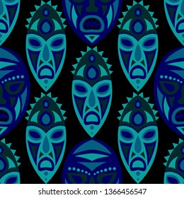 Seamless Pattern. Abstract Seamless Background with Ritual Masks for Print or Card. Ethnic Seamless Background with Color Trible Ritual Masks for your Design. Vector Texture.