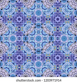 Seamless pattern abstract background. With saturated shapes in violet, neutral and blue colors. Textile design texture. Ethnic tracery for print on textile. Vector illustration.