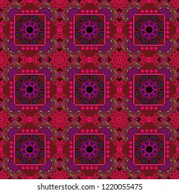 Seamless pattern abstract background. With saturated shapes in purple, brown and red colors. Ethnic tracery for print on textile. Vector illustration. Textile design texture.