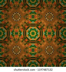 Seamless pattern abstract background. Vector illustration. Textile design texture. With saturated shapes in orange, brown and red colors. Ethnic tracery for print on textile.