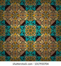 Seamless pattern abstract background. Vector illustration. Ethnic tracery for print on textile. Textile design texture. With saturated shapes in brown, yellow and green colors.