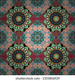 Seamless pattern abstract background. Vector illustration. Ethnic tracery for print on textile. Textile design texture. With saturated shapes in brown, green and gray colors.