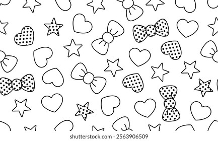 Seamless pattern abstract background vector illustration. Hearts, stars and bows black and white background. Decoration banner themed Lol surprise doll girlish style. Invitation card template