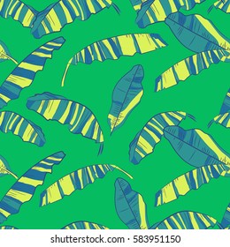Seamless pattern with abstract banana leaves. Tropic bright background, vector illustration