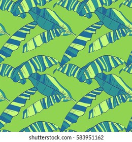 Seamless pattern with abstract banana leaves. Tropic bright background, vector illustration