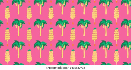 Seamless pattern. Abstract banana trees and banana bunches on magenta color background. Vector.