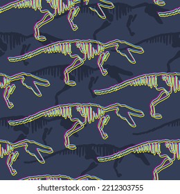 Seamless pattern with abstract baryonyx skeleton. Neon background with dino for textile, fabric, kids, boy, wrapping paper, Web, clothes, socks and other design.