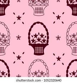 Seamless pattern of abstract basket with flowers vector illustration sketch colored marsala pink