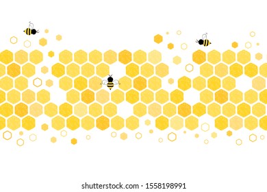 Seamless pattern with abstract bee hive and flying cartoon bees on white background vector illustration.