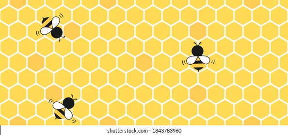 Seamless pattern of abstract beehive with hexagon grid cell and flying bee cartoon, yellow background vector illustration.