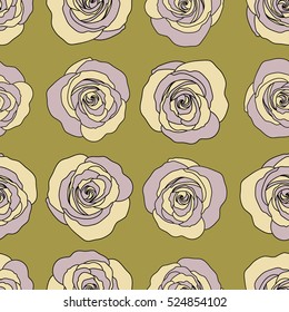 Seamless pattern with abstract beige, violet and yellow stylized roses. Vector illustration.