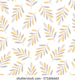 Seamless pattern with abstract big leaves in yellow and grey colors on white background 
