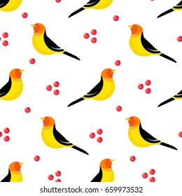 Seamless pattern with abstract bird and berries on white background. Vector illustration.