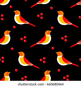 Seamless pattern with abstract bird and berries on black background. Vector illustration.