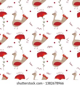 Seamless pattern with abstract bird and flower. For banners, cover, backdrop, wallpaper, prints, posters, web. Vector illustration.