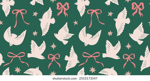 Seamless pattern with abstract birds, bows and stars. Trendy hand drawn coquette illustration. Valentine's day background, wrapping paper.