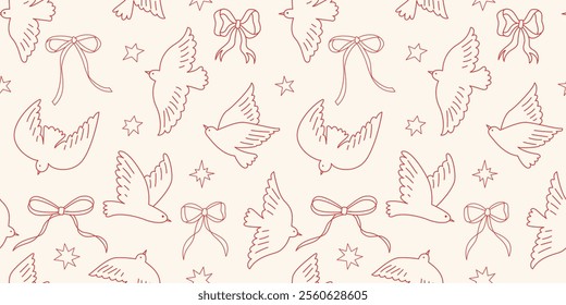 Seamless pattern with abstract birds, bows and stars. Trendy hand drawn coquette illustration. Valentine's day background, wrapping paper.