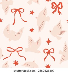 Seamless pattern with abstract birds, bows and stars. Trendy hand drawn coquette illustration. Valentine's day background, wrapping paper.