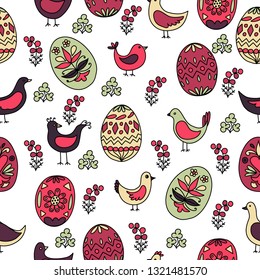 Seamless pattern with abstract birds, folk art, hand drawn, white background, vector illustration