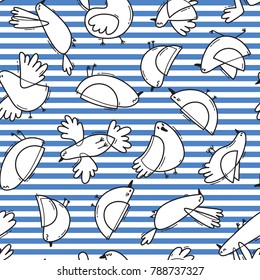 Seamless pattern with abstract birds on striped background. Simple line design. Funny seagulls in the marine style. Vector illustration.