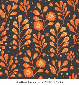 Seamless pattern with abstract birds and plants in orange. Suitable for print design, fabric, packaging and more.