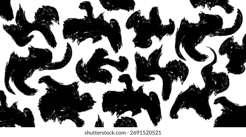A seamless pattern of abstract black brush strokes on a white background, resembling Rorschach inkblots or stylized animal figures.