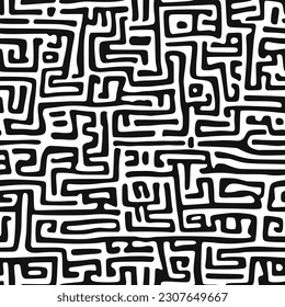 Nahtloses Muster. Abstrakte schwarze Doodles, Glockenschläge, Labyrinthe. Vektorhintergrund.