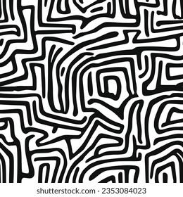 Seamless pattern. Abstract black doodles, curls, maze. Vector background.