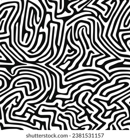 Nahtloses Muster. Abstrakte schwarze Doodles, Glockenschläge, Labyrinthe. Vektorhintergrund.