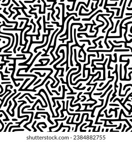 Patrón sin foco. Resumen de garabatos negros, rizos, laberinto. Fondo vectorial.