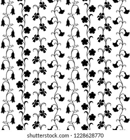 Seamless pattern with abstract black flowers. Petals, leaves and vines. Floral design for cards, fabric, packing materials, clothing. 