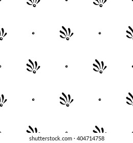Seamless pattern with abstract black leaves and dots on white background/ Vintage background/ Hand drawn vector illustration