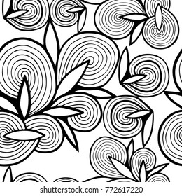 Seamless pattern with abstract black line flower on the white background. Fashion pattern for textile, wallpaper and other design.