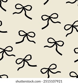 Seamless pattern with abstract black ribbons. Vector flat background with bows in retro style. Coquette and balletcore aesthetic