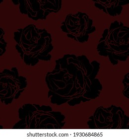 seamless pattern with abstract black roses on dark red background