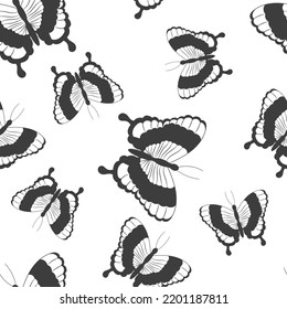 Seamless pattern with abstract black silhouette of cute flying butterflies isolated on white background