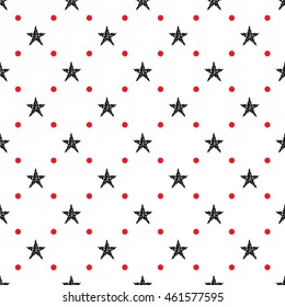 seamless pattern with abstract black stars and red dots on a white background. vector illustration