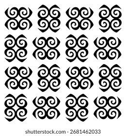 Ein nahtloses Muster abstrakter schwarzer Stämme wirbelt auf weißem Hintergrund. Ideal für Grafikdesign, Textilien oder dekorative Zwecke.