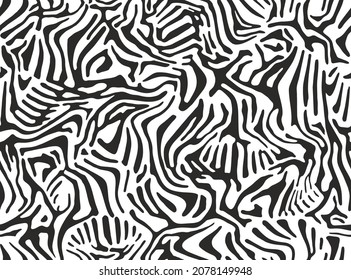 
Seamless pattern of abstract black and white stripes. Zebra skin texture. Print for fabric, wallpaper or wrapping paper. Natural ornament. Vector illustration