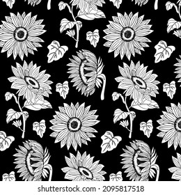 patrón ininterrumpido de flores abstractas de girasol en blanco y negro