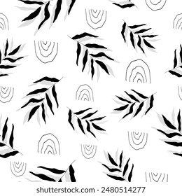 Seamless pattern with abstract black and white vegetation, branches, leaves and elements in outline. Backgrounds for prints, textiles, web design, postcards. Vector