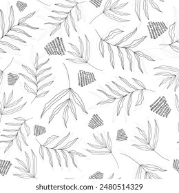 Seamless pattern with abstract black and white vegetation, branches, leaves and elements in a linear style outline. Backgrounds for prints, textiles, web design, postcards. Vector