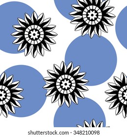 seamless pattern of abstract black and white flowers on a white background with blue circles.vector illustration