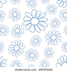 Seamless pattern of the abstract blue contour flowers