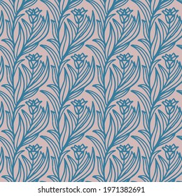 seamless pattern with abstract blue drawn flowers on a dark pink background, vector, tile