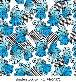 Seamless pattern of abstract blue flowers and mesh pattern. Isolated elements on a white background.