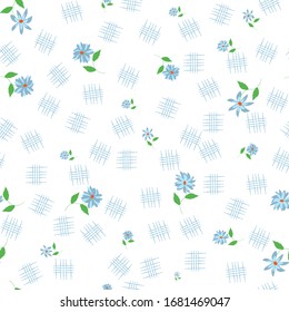 Seamless pattern of abstract blue flowers on their stems with green leaves for print, Wallpaper, fabric