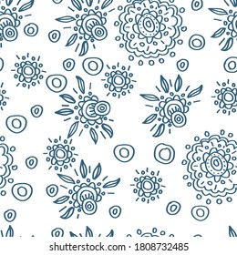 seamless pattern abstract blue flowers linear illustration vector