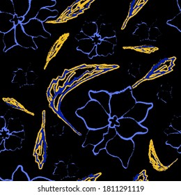 Seamless pattern abstract blue flowers yellow leaves with black background